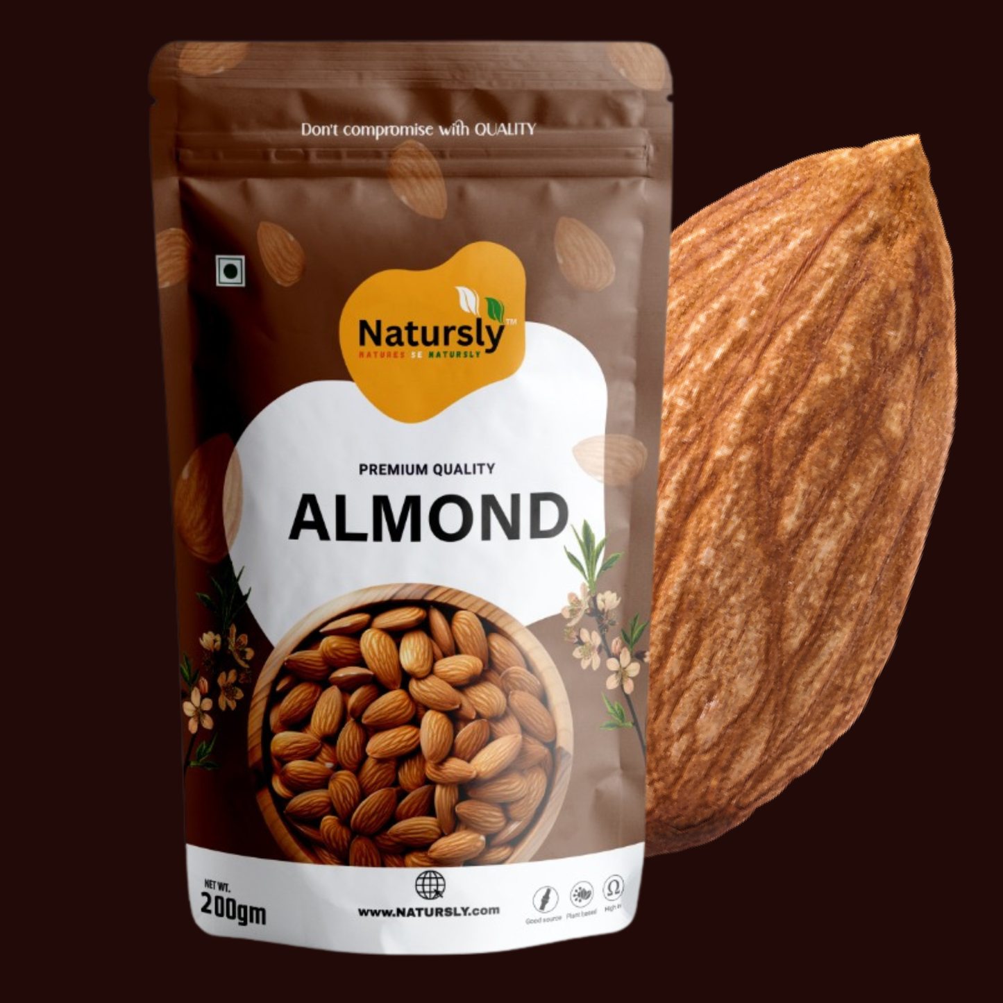 NATURSLY Premium Whole Almonds (Badam) 200g | 100% Natural California Almonds | Protein-Rich, Crunchy, Gluten-Free Superfood for Daily Nutrition