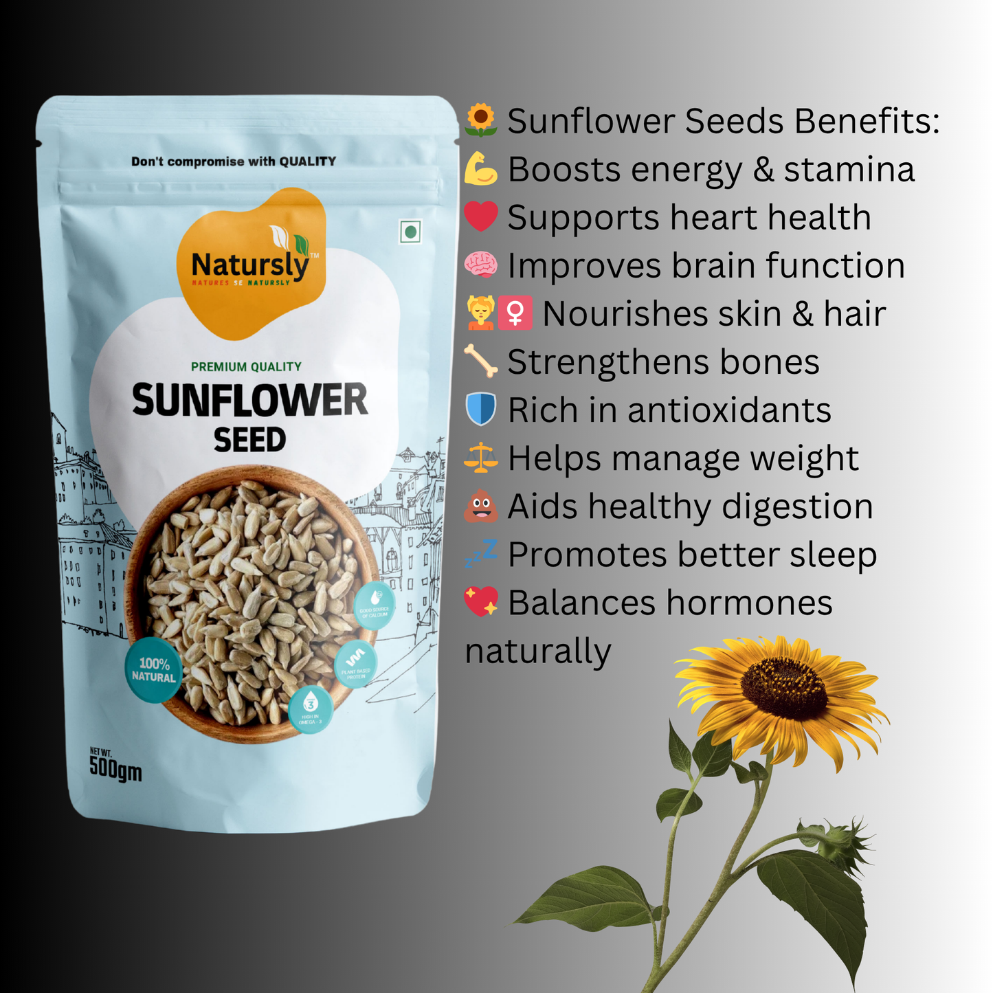 Natursly Premium Raw Sunflower Seeds 200g | Protein-Rich Superfood | 100% Natural, Vegan & Gluten-Free Healthy Snack | Rich in Fiber & Antioxidants