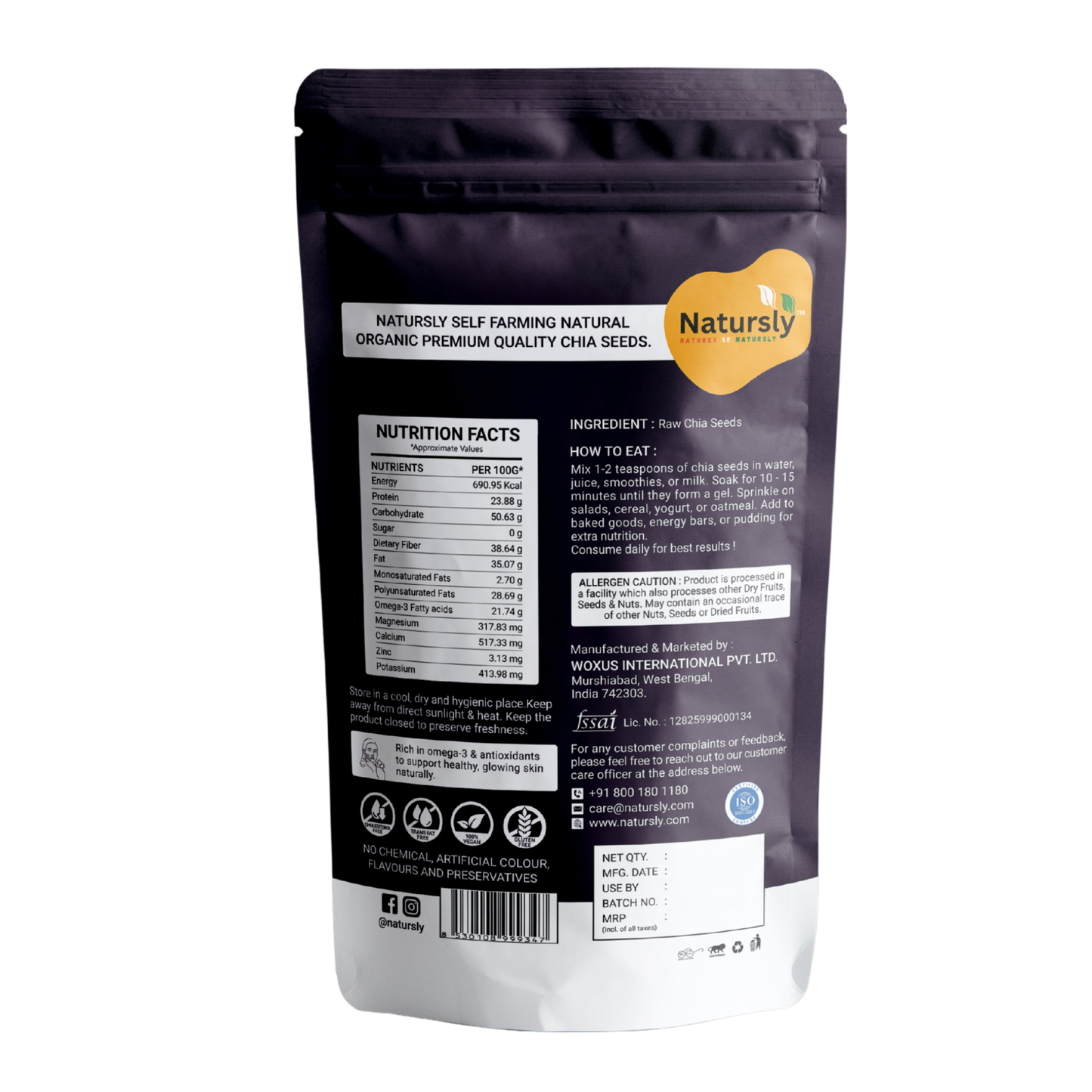 Natursly USDA Certified Organic Most Popular 200g Premium Natural Chia Seeds for weight loss protein, omega-3 fatty acids, fiber, calcium, iron