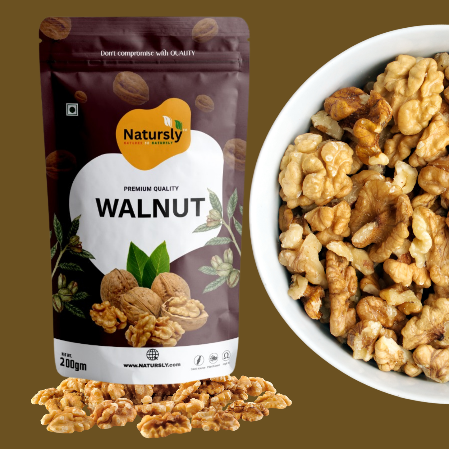 NATURSLY Premium Whole Walnut Kernels (Akhrot Giri) 200g | 100% Natural & Crunchy California Walnuts | Omega-3 Rich, Protein-Packed, Gluten-Free Superfood