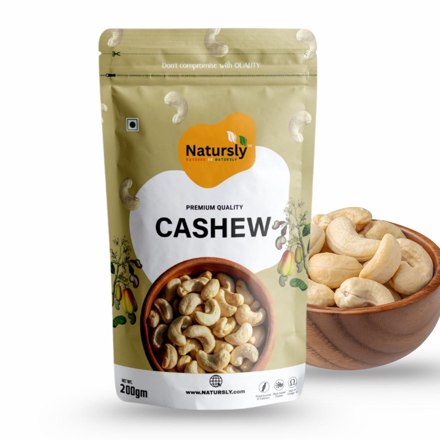 NATURSLY Premium Whole Cashew Nuts (Kaju) 200g | Crunchy & Creamy Cashews | 100% Natural, Protein-Rich, Gluten-Free Healthy Snack