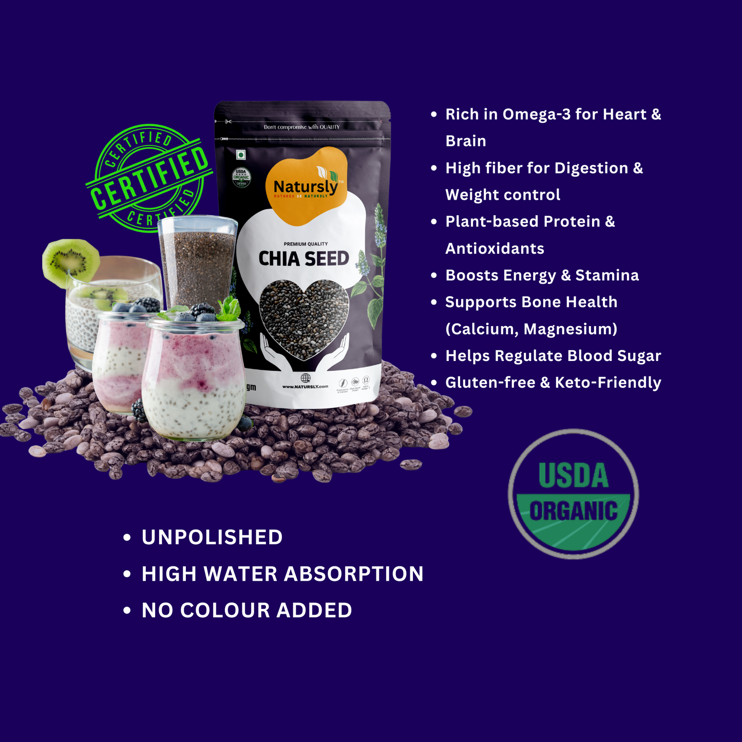 Natursly USDA Certified Organic Most Popular 200g Premium Natural Chia Seeds for weight loss protein, omega-3 fatty acids, fiber, calcium, iron